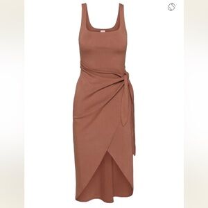 NYT Brown Aritzia Wilfred Saturn Mini wrap dress with slit to thigh